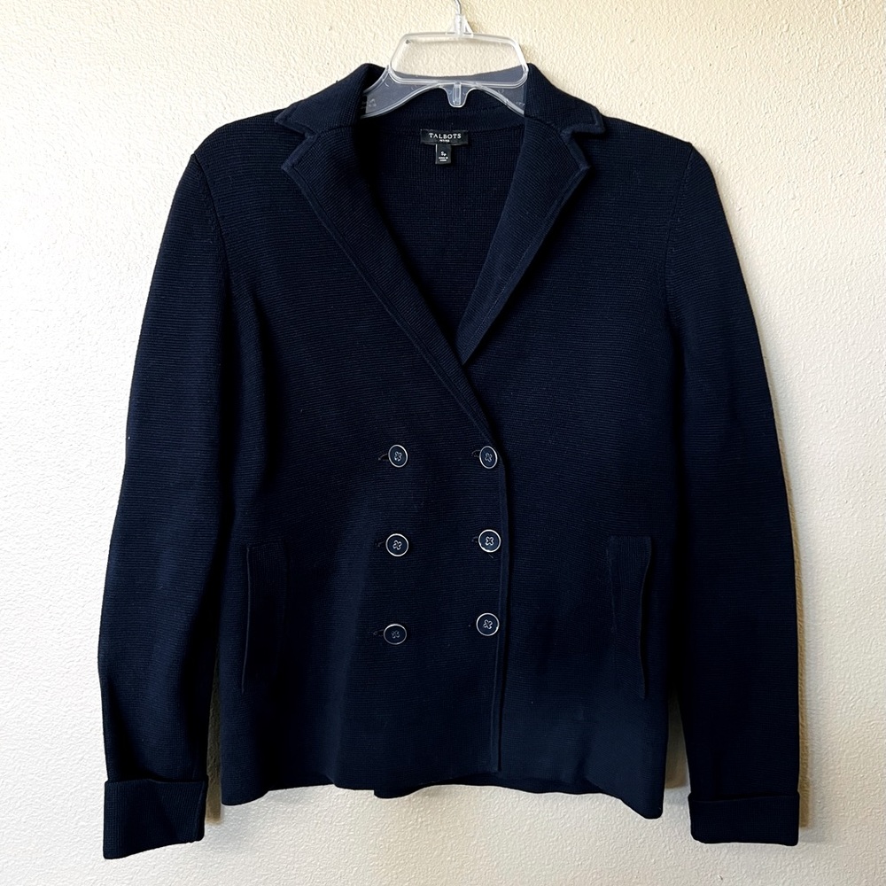 Talbots Petites Small Navy Blue Double Breasted Textured Blazer